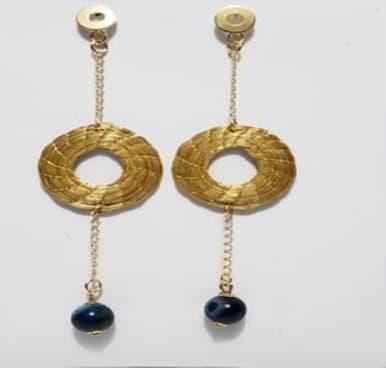 BRINCO ARGOLA COM PEDRA ÁGATA AZUL E CORRENTES 10CM